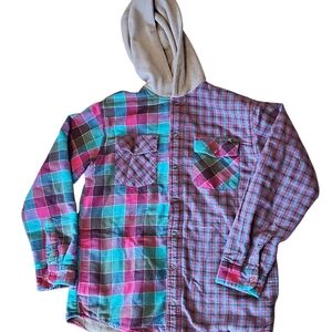 L.L. Bean Colorful Plaid Fleece Lined Hoodie Shirt Jacket Size Large 14-16 Girls